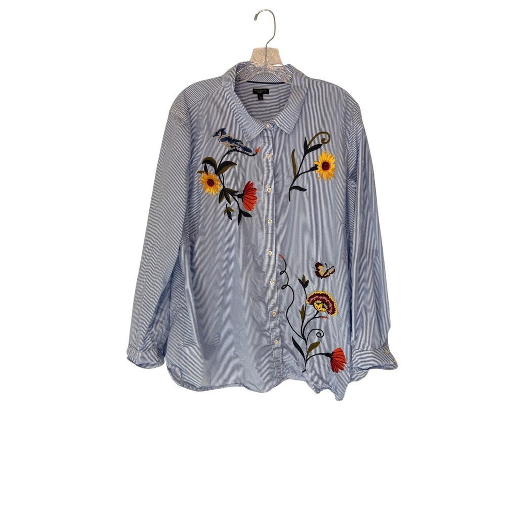 Talbots Woman Striped Button Down Blouse Shirt Floral Embroidered Blue White 3X